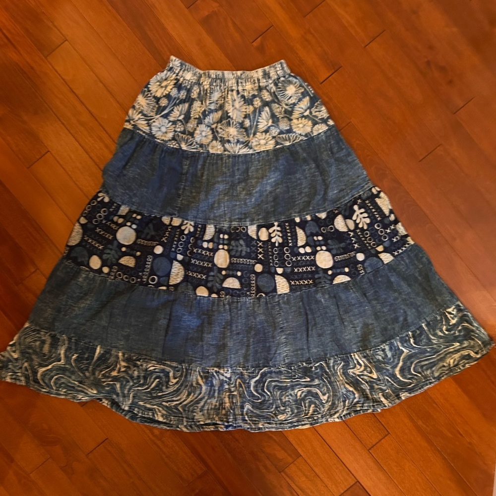 Blue Tiered Patchwork Maxi Skirt - Women's